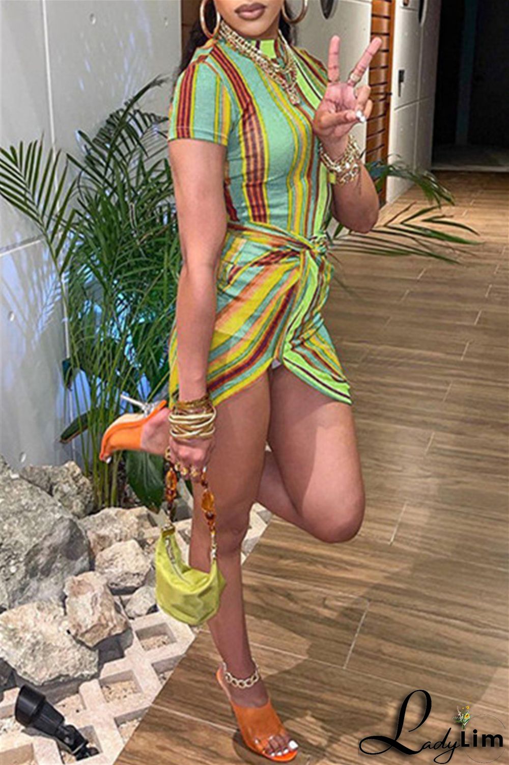 Orange Fashion Casual Striped Print Split Joint Half A Turtleneck Short Sleeve Dress