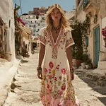 Elegant Boho Roses Pattern V Neck Flowy Linen Maxi Dress - Image 2