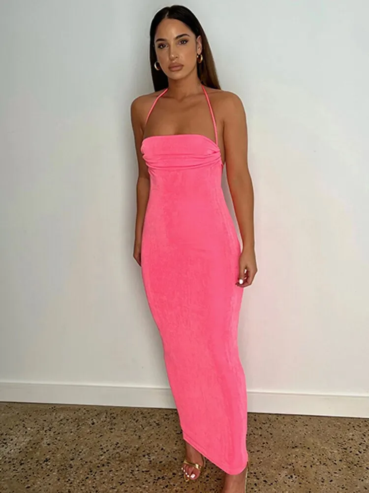 Uveng Sexy Spaghetti Strap Backless Maxi Dress Women Slim Drawstrings Sleeveless Beach Dresses Outfits 2022 Summer Y2K Robe