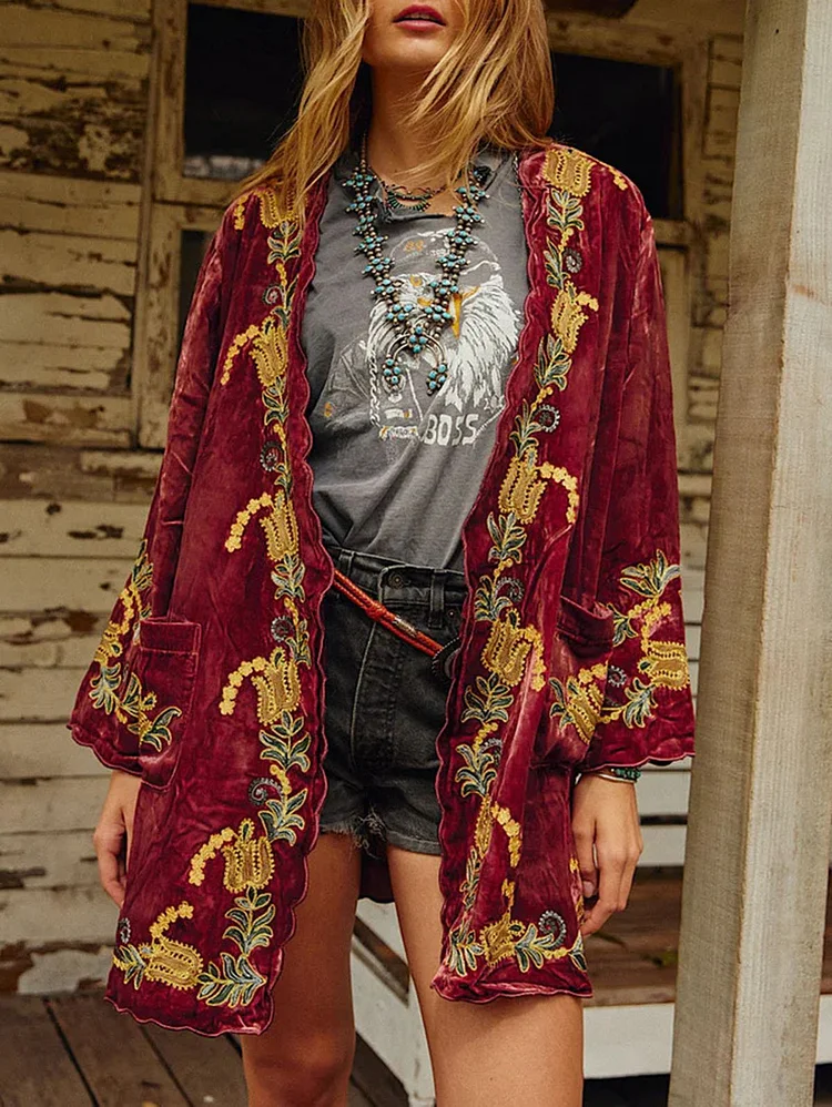 Casual Floral Velvet Pocket Wavy Trim Open Front Coat