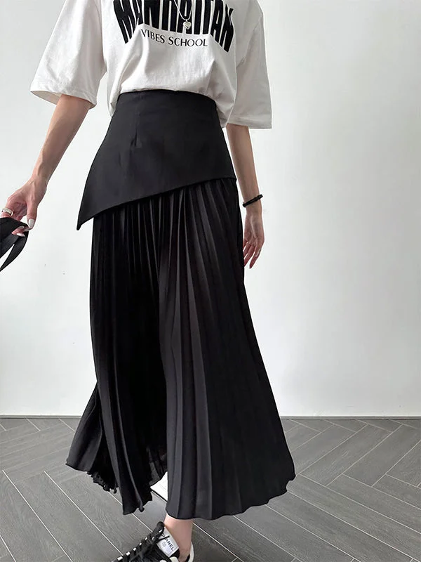 Temperamrnt Coffee Contrast Color Pleated Split-Joint A-Line Skirt