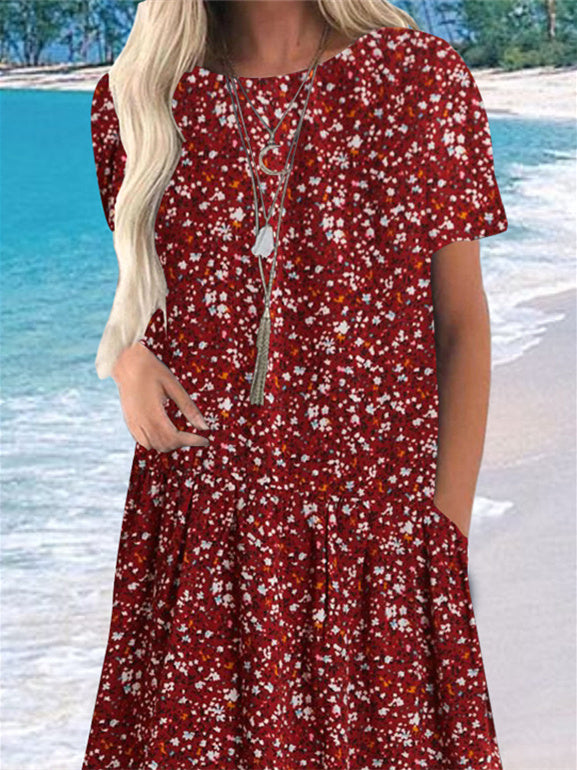 Women Half Sleeve V-neck Solid Color Dress