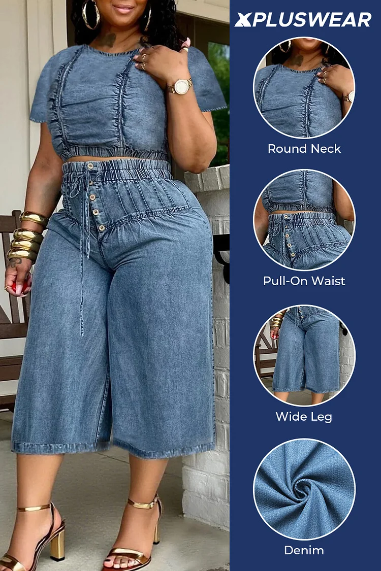 Plus Size Daily Blue Round Neck Short Sleeve Pocket Pull-On Waist Denim Two Piece Short Sets [Pre-Order]