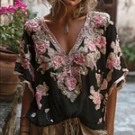 Bohemian-style Pink Floral Embroidery V-neck Short-sleeved Shirt With Sequins - Image 4