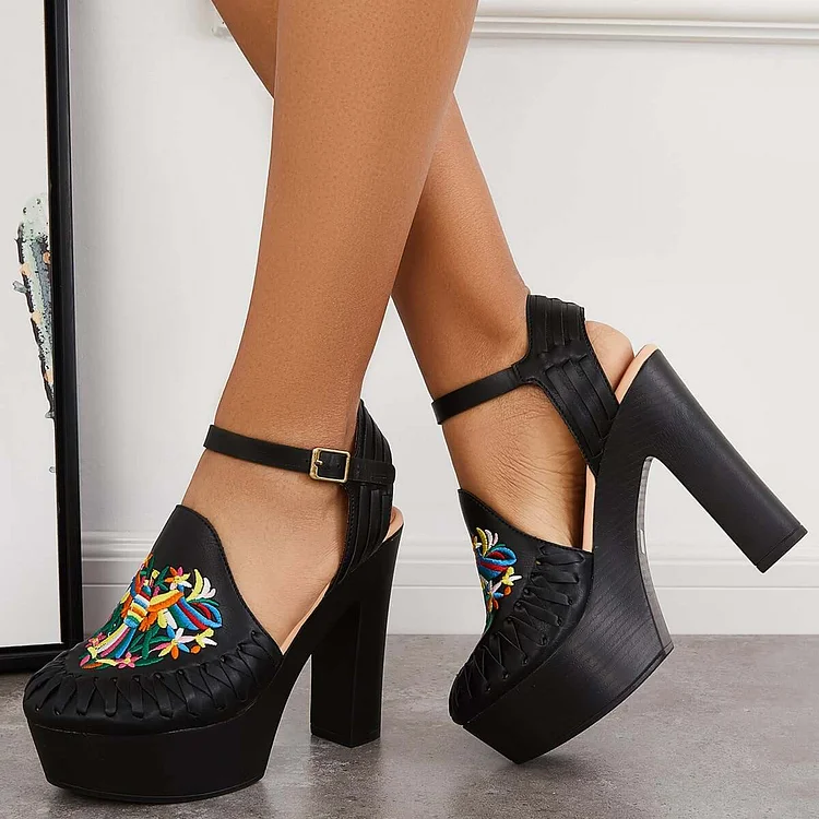 Embroidery Chunky Platform High Heels Ankle Strap Pumps