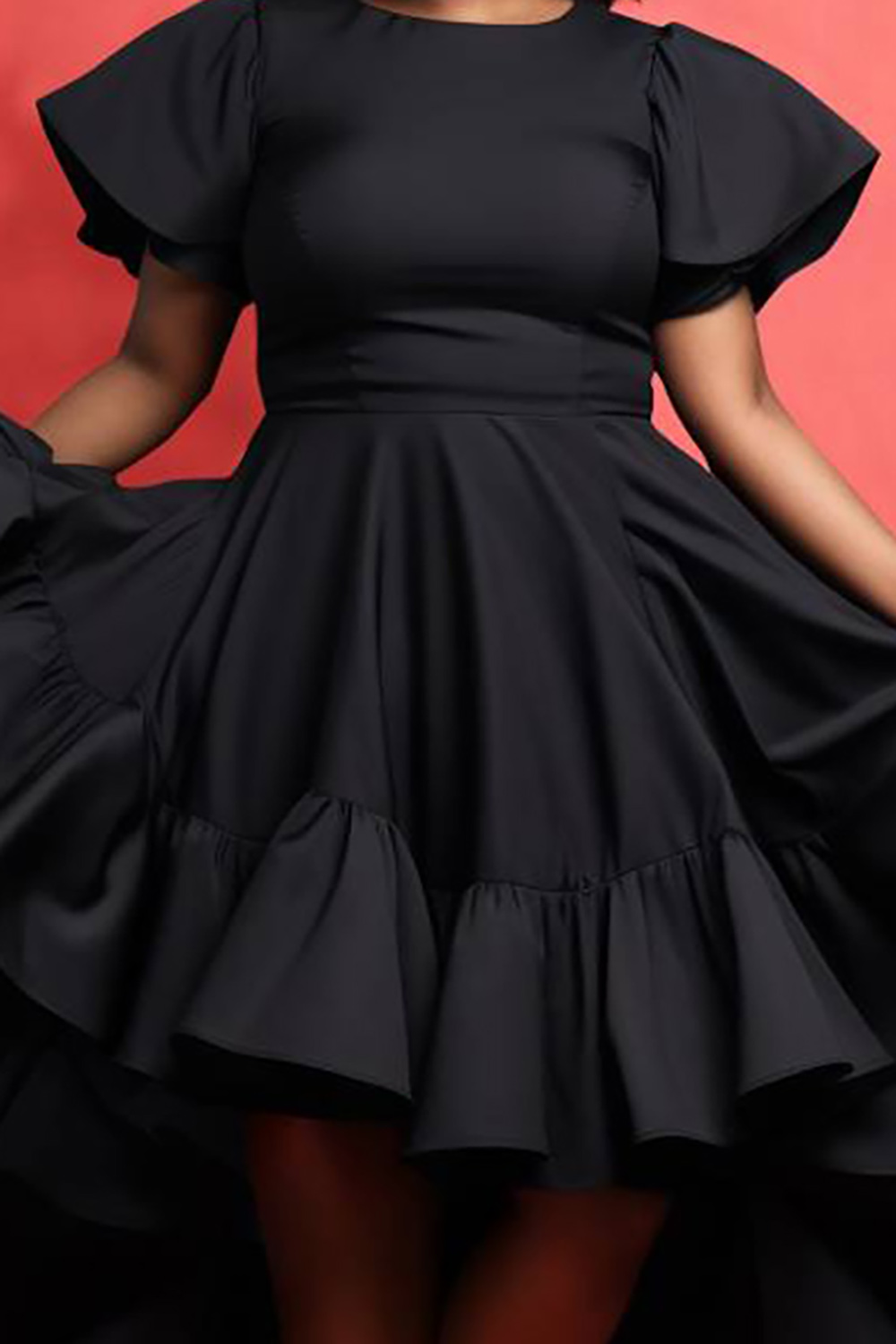 Design Plus Size Semi Formal Elegant Black Round Neck Puff Sleeve Short Sleeve Ruffle Asymmetric Hem Knitted Midi Dresses [Pre-Order]
