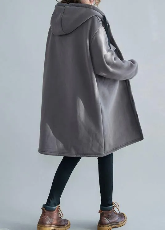 Fine gray embroidery women parka oversize winter jacket hooded pockets outwear