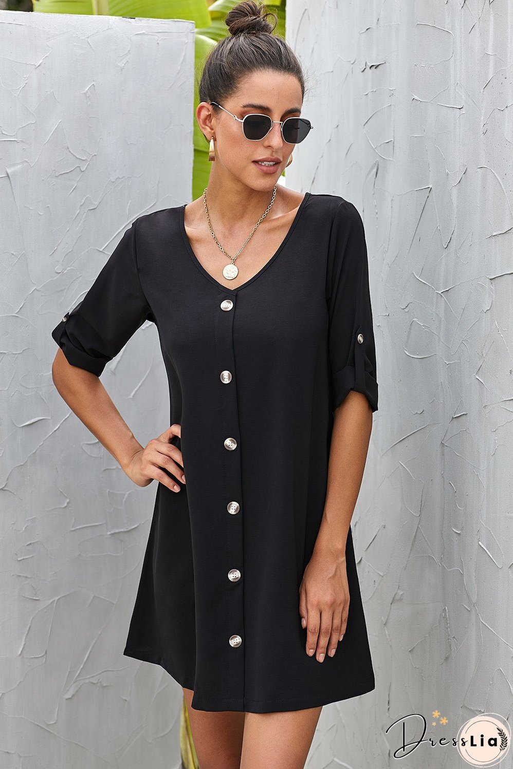 Buttoned V-Neck Dress
