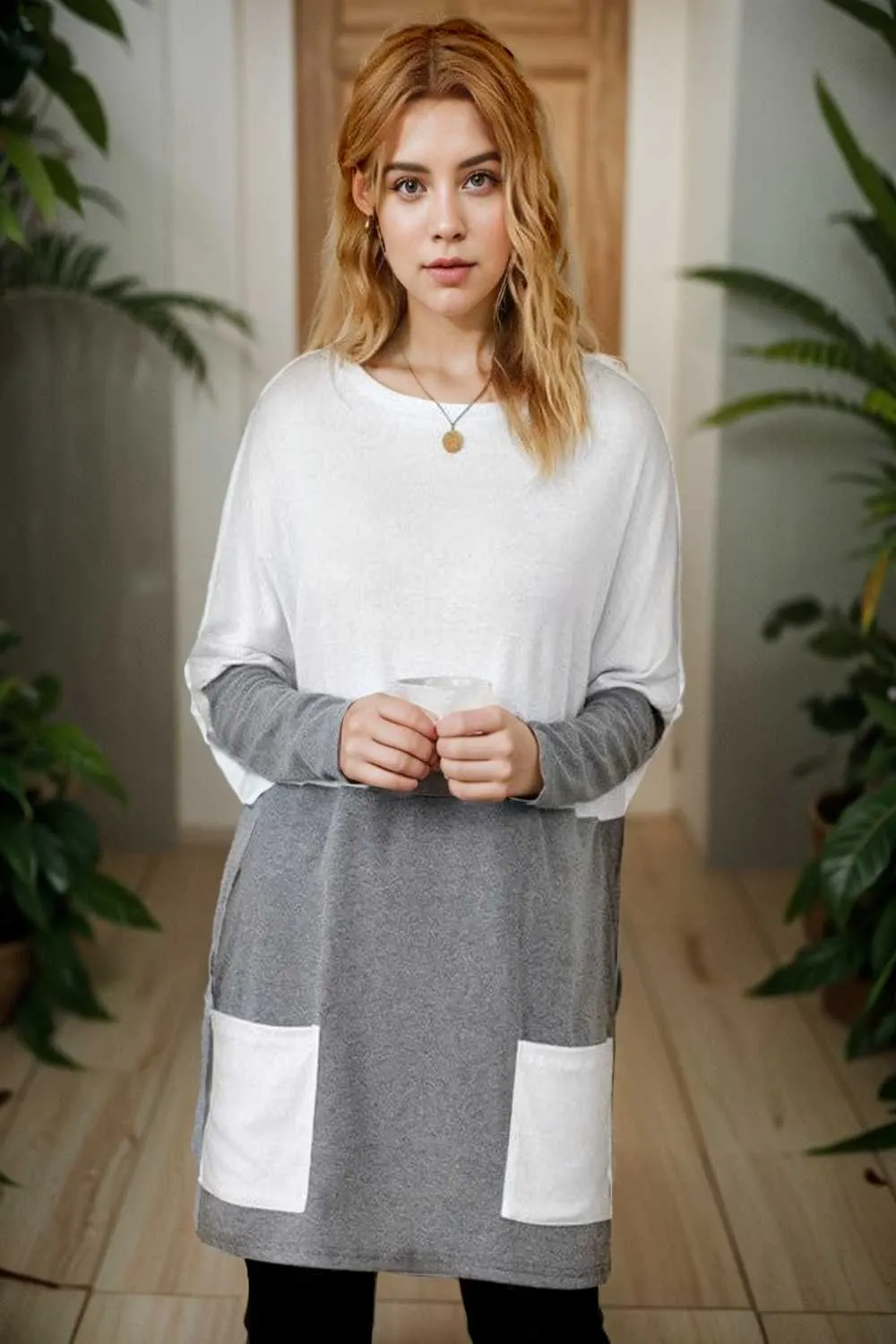 two color stitching pocket loose long sleeve t shirt