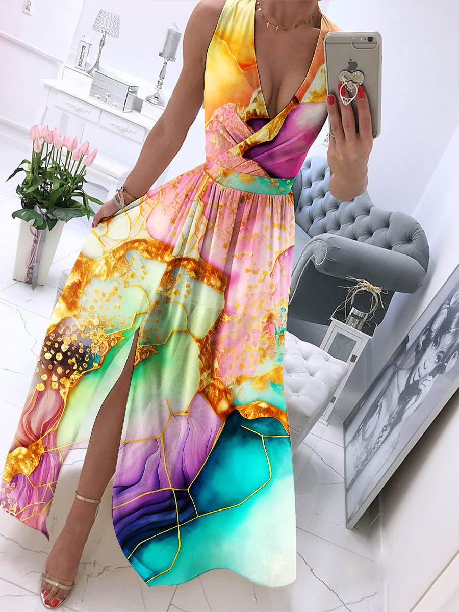 Women's Watercolor Splash Fluid Art Print Flowy Dress
