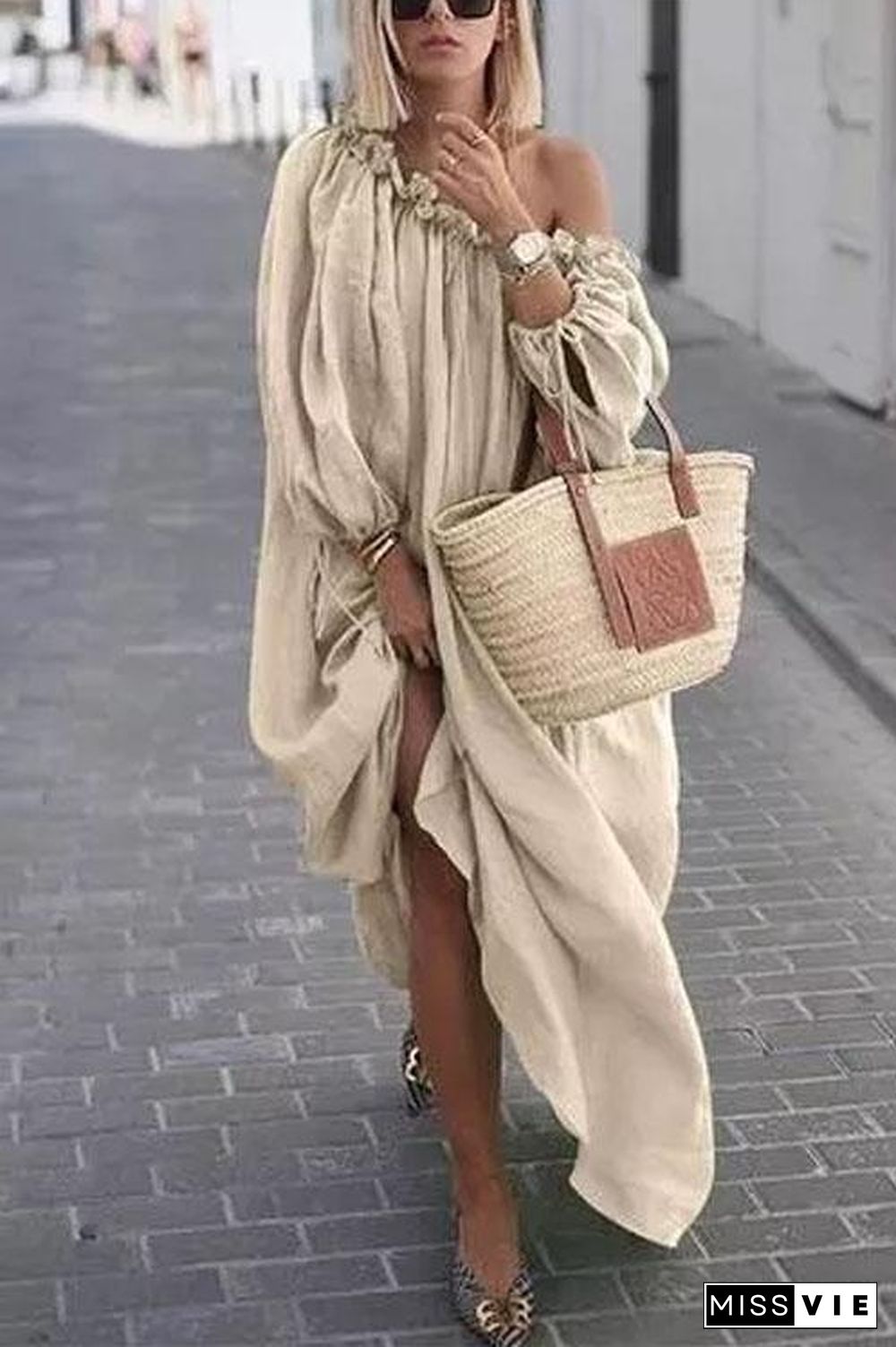 One Shoulder Off Waterfall Dress