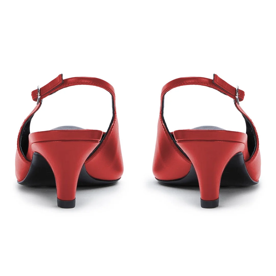 YDN Pointed Toe Slingback Red Kitten Heels with Buckle Strap