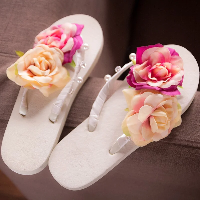 3cm High Heel Women's Summer Pure Handmade Flower Sandals Beach Vacation Flip-flops Womens Slippers Indoor  Flip Flops Women
