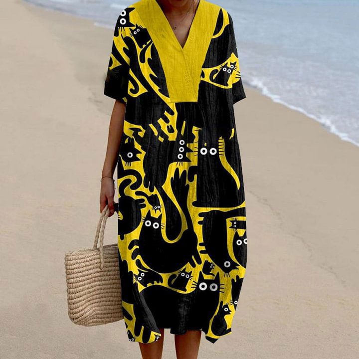 Women's V-Neck Dress With Abstract Cat Pattern