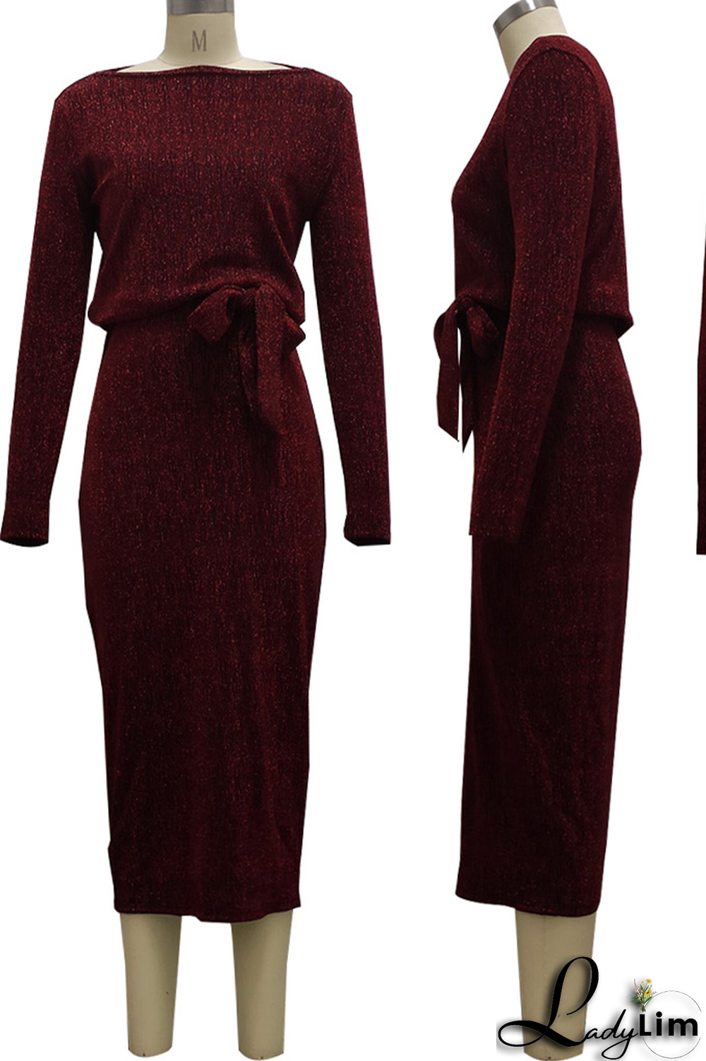 Burgundy Casual Solid Split Joint Off the Shoulder Waist Skirt Dresses