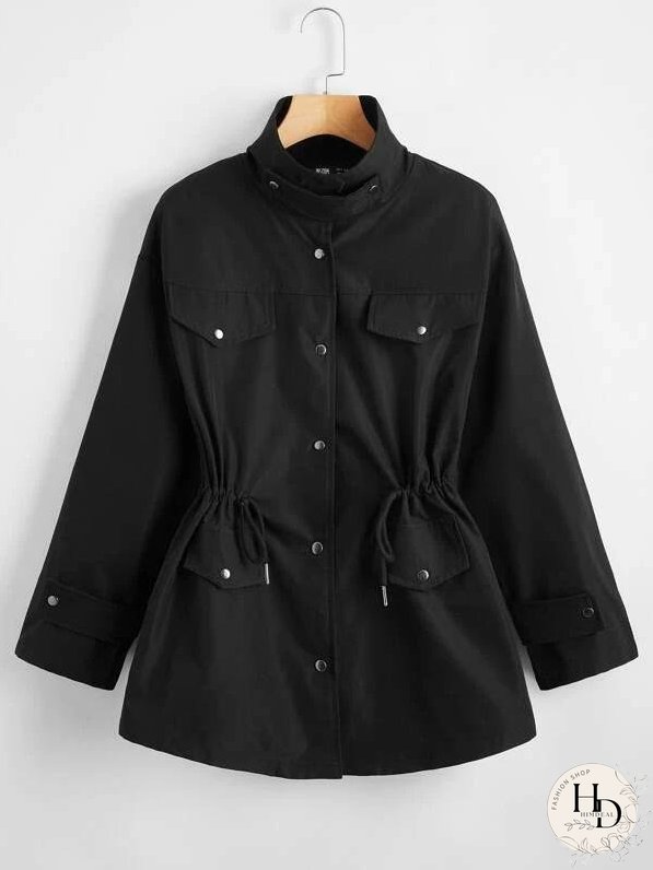 Drawstring Waist Flap Detail Coat for Women