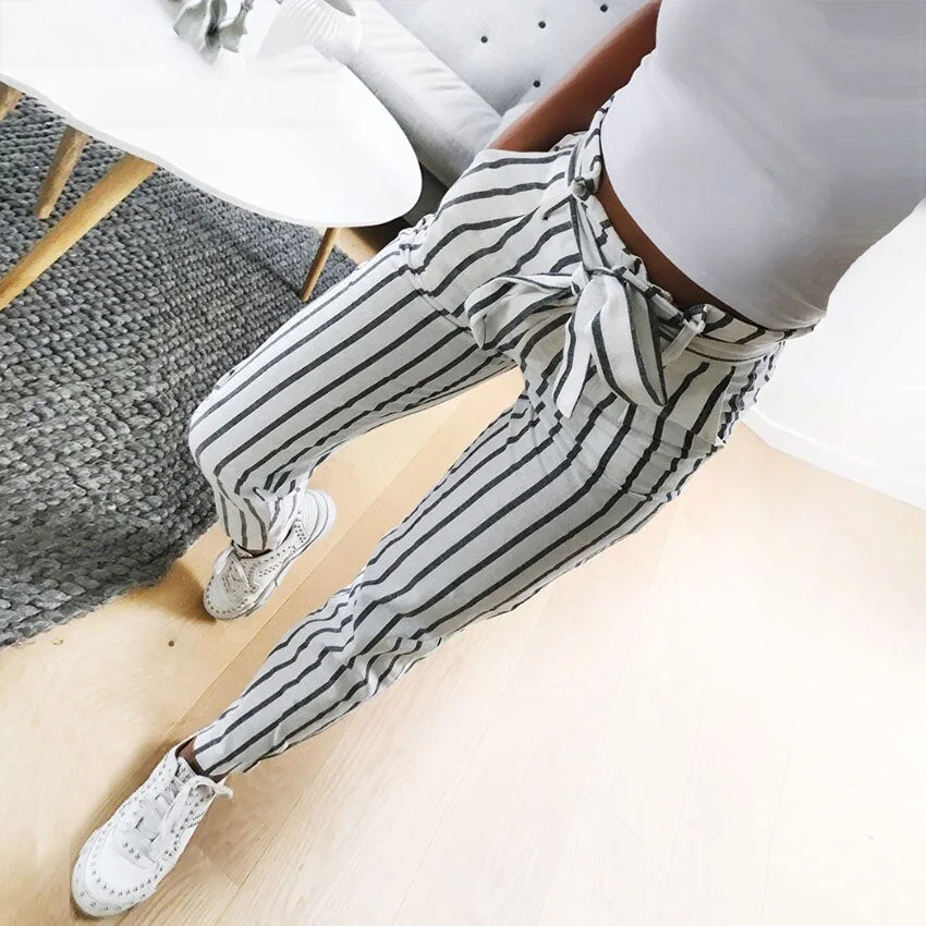 2018 fashion autumn women casual mid waist pants white striped bow tie drawstring sweet elastic waist pockets casual trousers