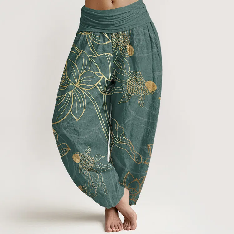 Cotton Lotus Leaf Koi Fish Women's Elastic Waist Harem Pants