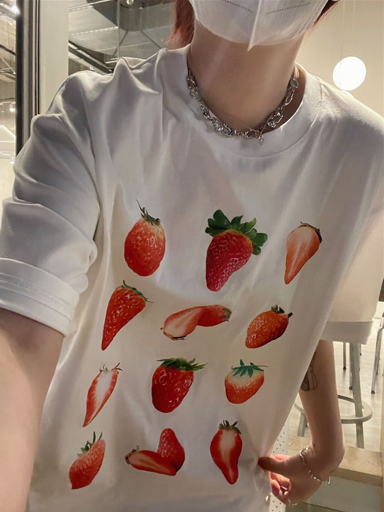 Tlbang Y2k Aesthetic Strawberry Print T-shirts Loose O Neck Casual Short Sleeve All Match Top Women Fashion Harajuku Tees