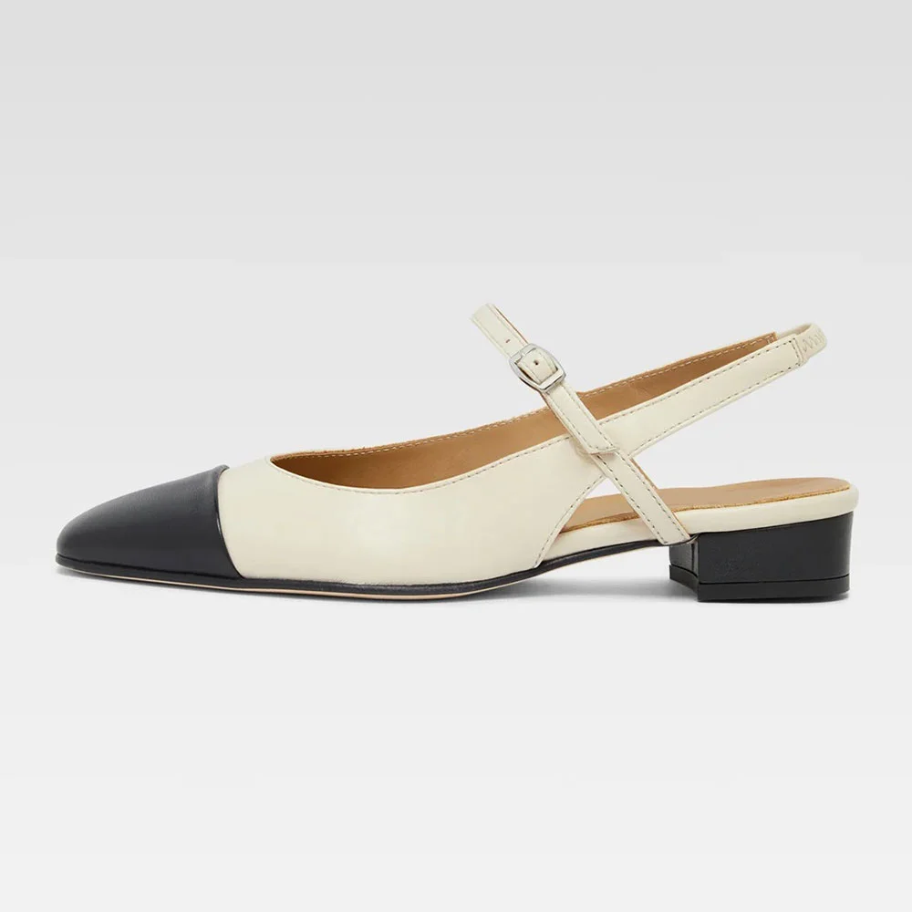 Women's Black & Beige Mary Jane Slingback Flat Closed Toe Shoes