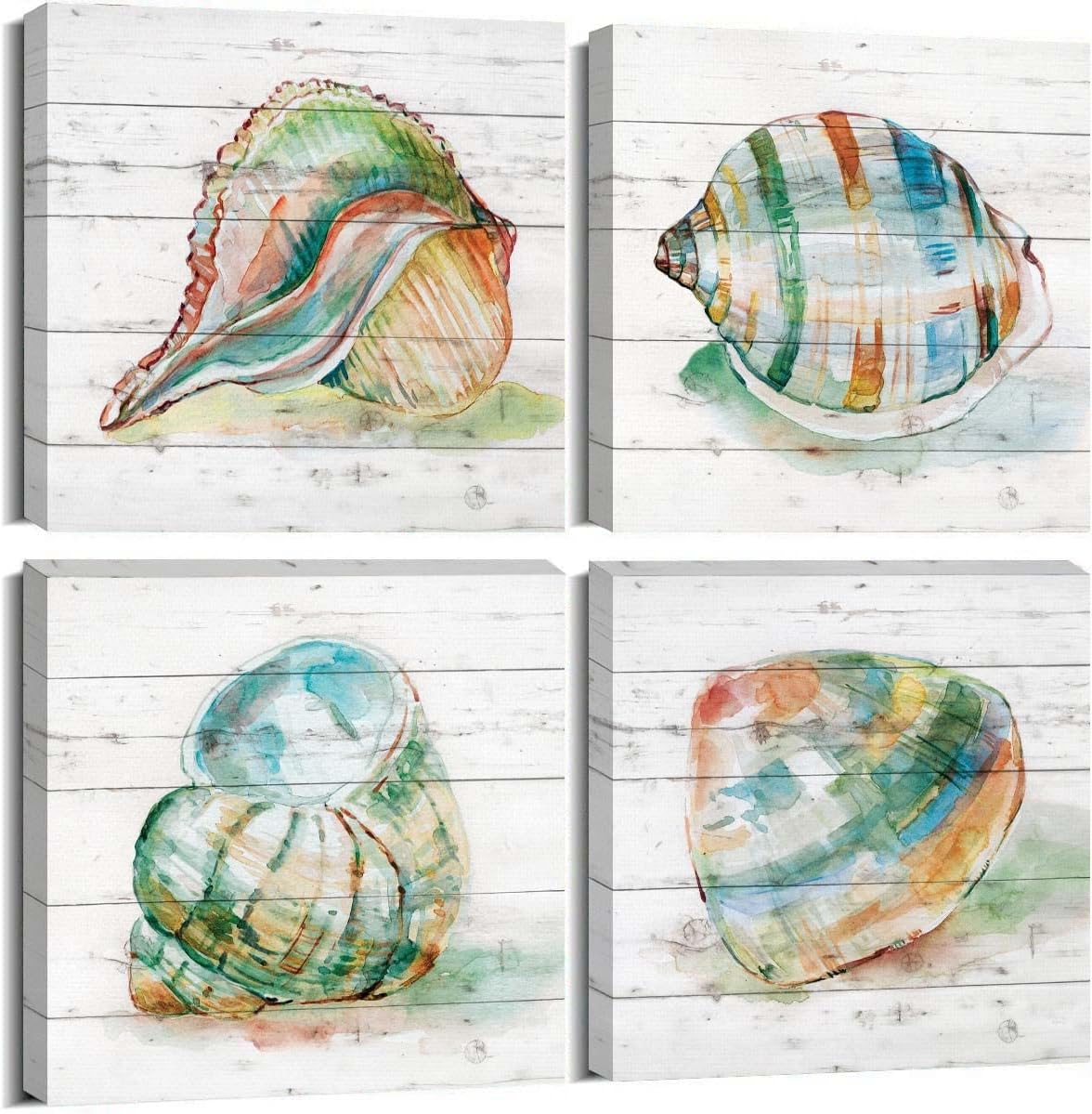 oulawote Ocean Coastal Wall Art Nautical Canvas Prints Watercolor Shell Retro Paintings for Bathroom Living Room Decor (Overall Size: 12''x12''x4pcs) Overall Size: 12&#039;&#039;x12&#039;&#039;x4pcs