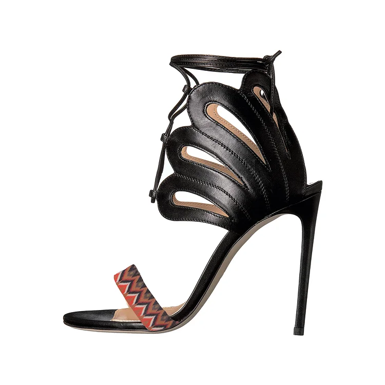 Women's Black and Orange Open Toe Stiletto Heels Strappy Sandals |FSJ Shoes