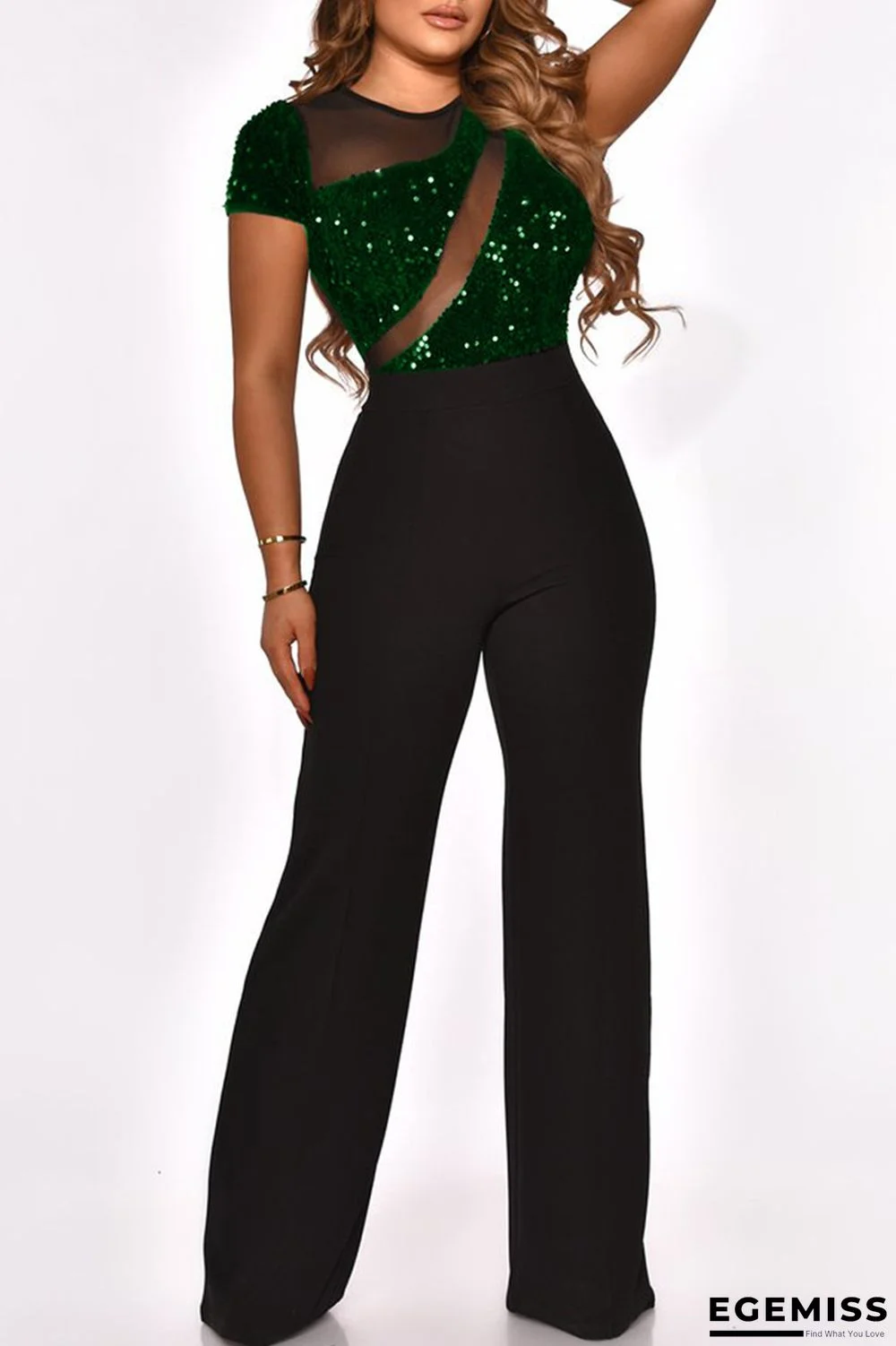 Ink Green Fashion Sexy Patchwork Sequins See-through O Neck Regular Jumpsuits | EGEMISS
