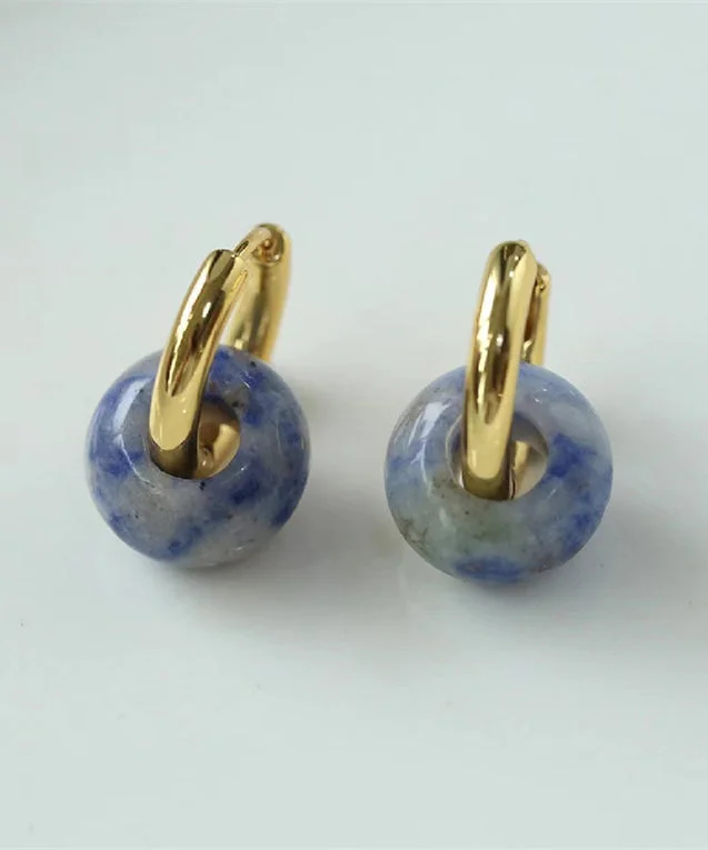 Retro Blue Sterling Silver Overgild Gem Stone Jade Hoop Earrings