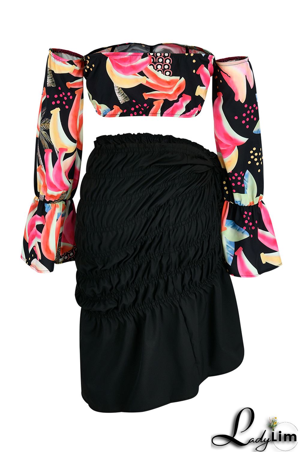 Orange Fashion Sexy Print Backless Slit Off the Shoulder Long Sleeve Two Pieces