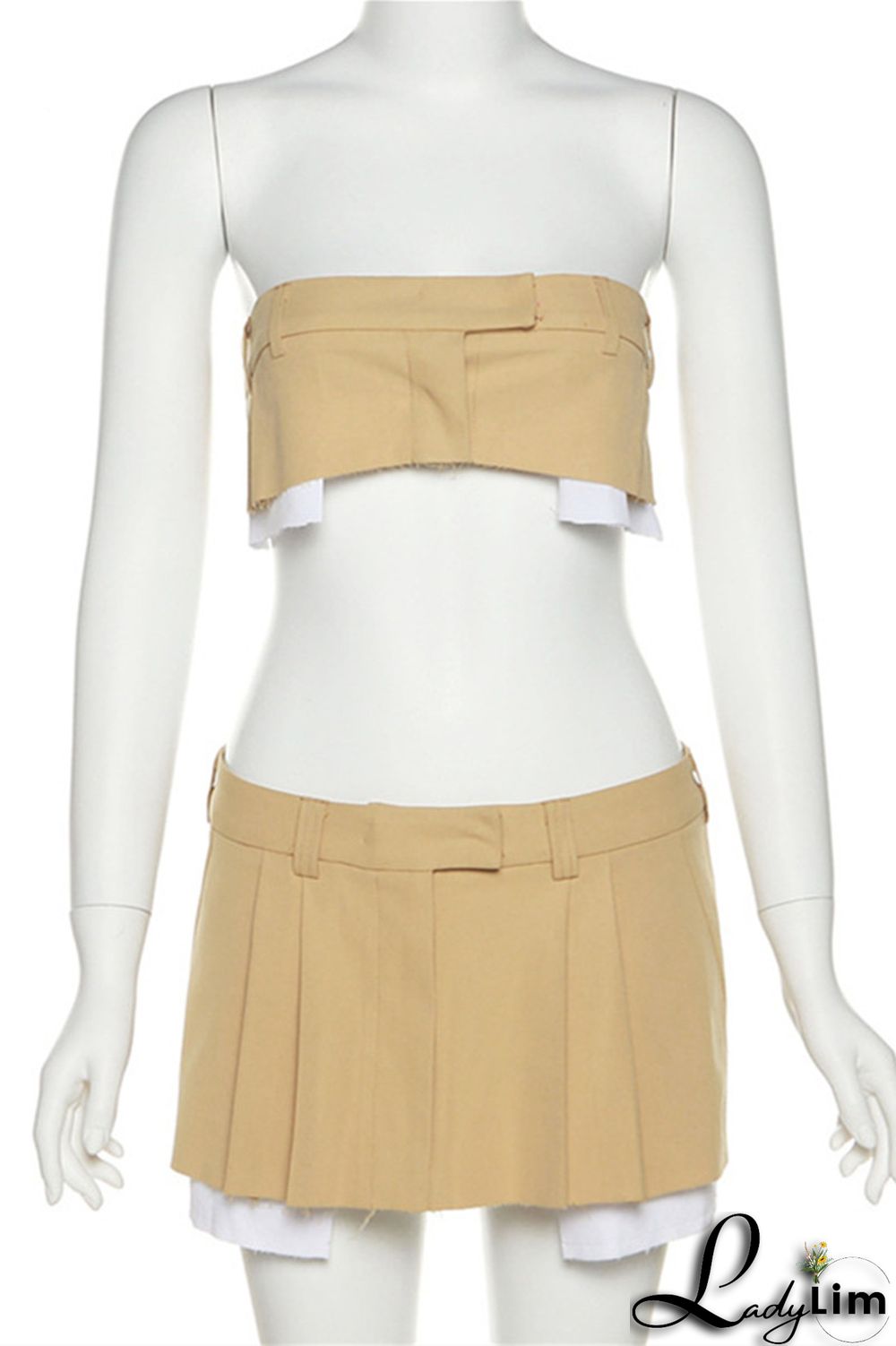 Khaki Fashion Sexy Solid Patchwork Backless Strapless Sleeveless Two Pieces