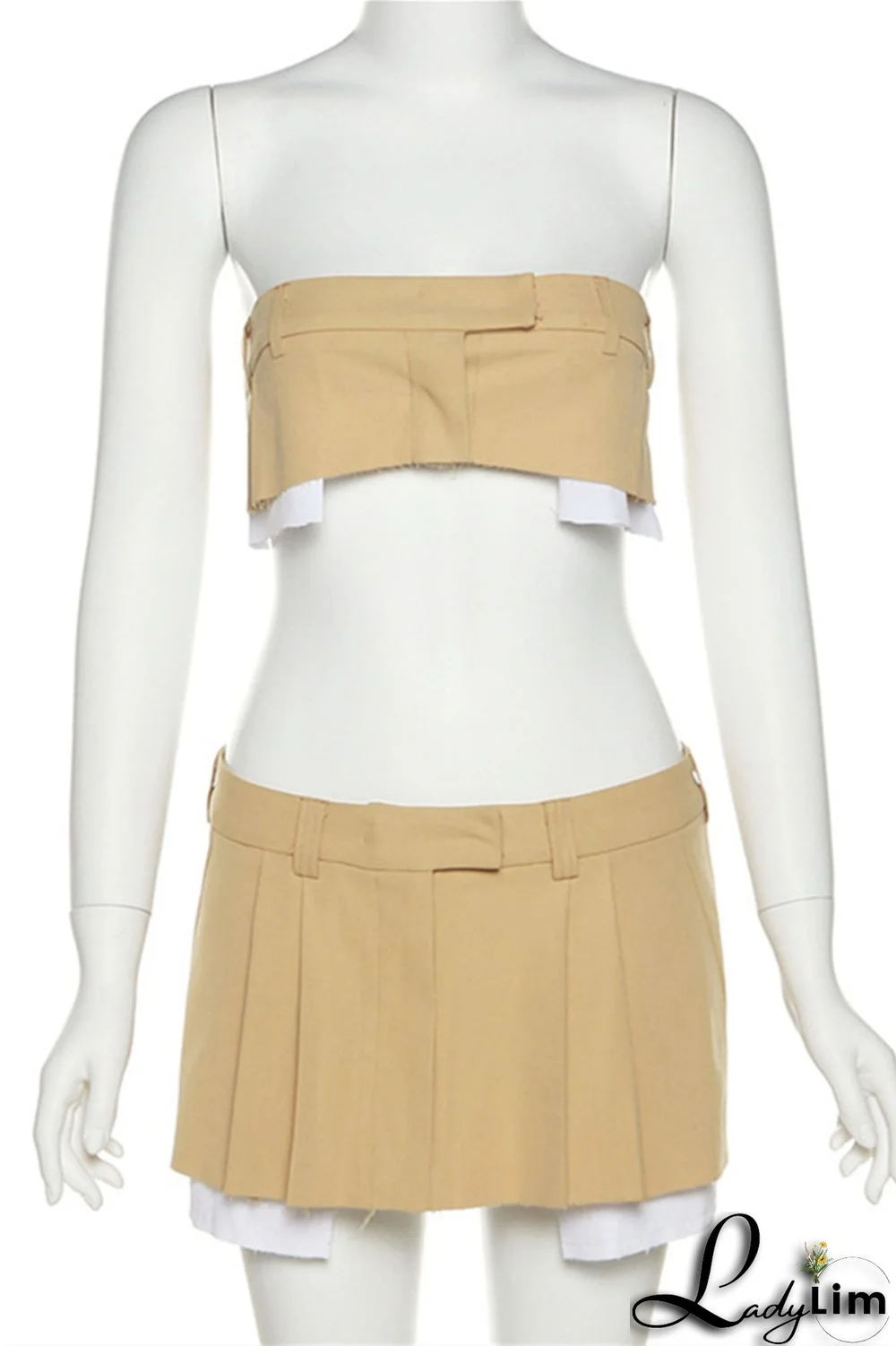 Khaki Fashion Sexy Solid Patchwork Backless Strapless Sleeveless Two Pieces