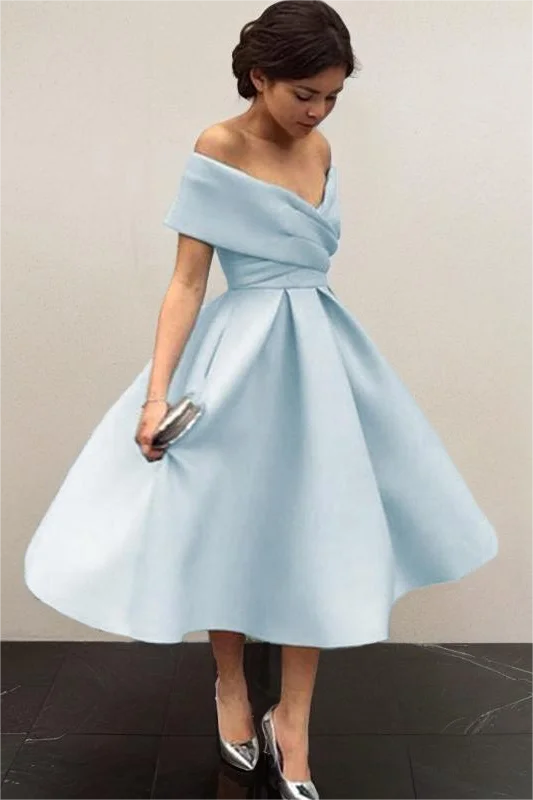  V Neck Off The Shoulder Sleeveless A Line Pleated Homecoming Dress | Sky Blue Satin HC0043