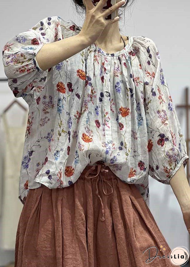 Loose White O Neck Print Button Cotton Shirt Bracelet Sleeve