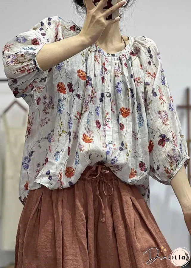 Loose White O Neck Print Button Cotton Shirt Bracelet Sleeve