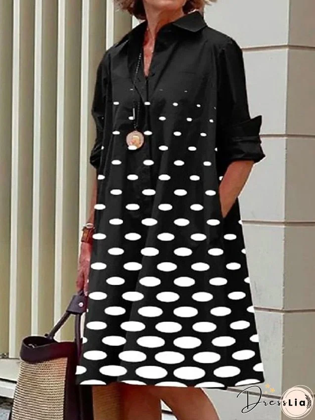 Shirt Dress Casual Dress Midi Dress Outdoor Daily Vacation Polyester Fashion Casual Shirt Collar Button Pocket Long Sleeve Summer Spring Fall Loose Fit Black White Gray Polka Dot Flower for Women