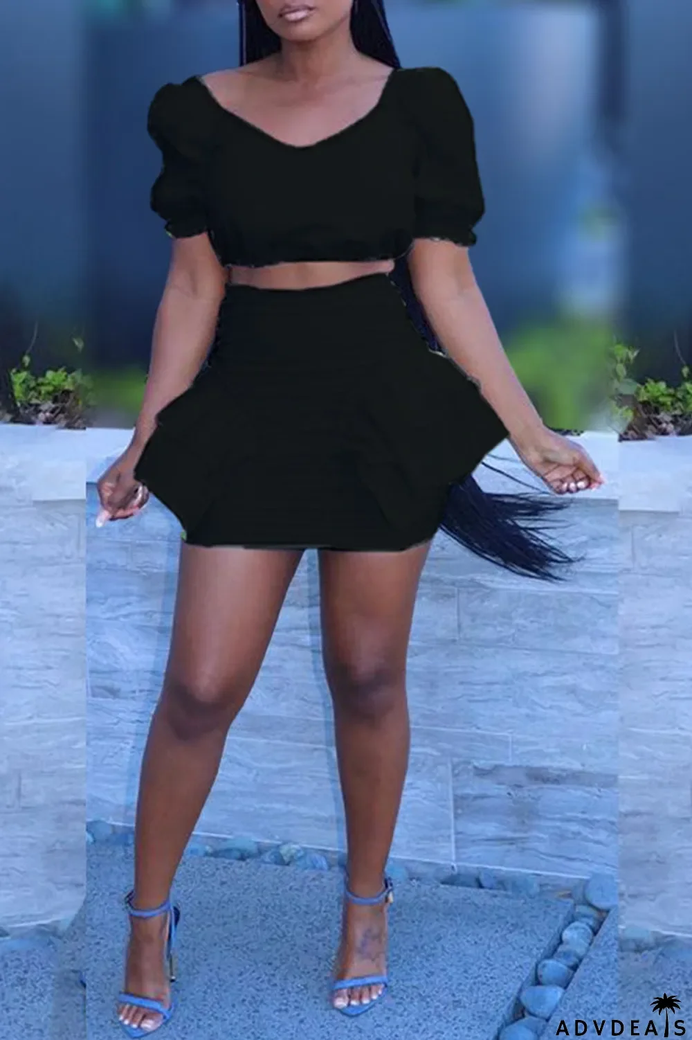 Black Sexy Patchwork Stringy Selvedge Off the Shoulder Short Sleeve Two Pieces