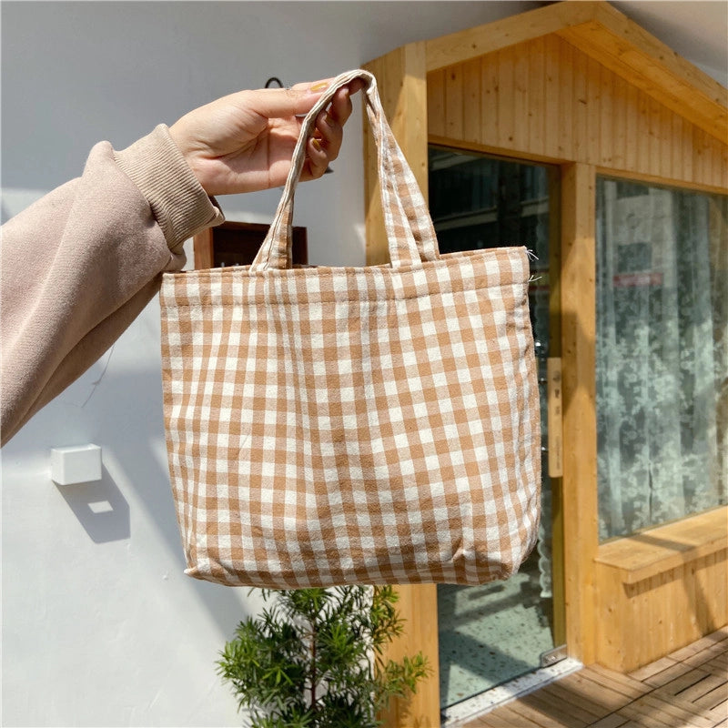 010271 Artistic Fresh Portable Lunch Bag Japanese Plaid Mummy Student Portable Small Bag Walking Bag