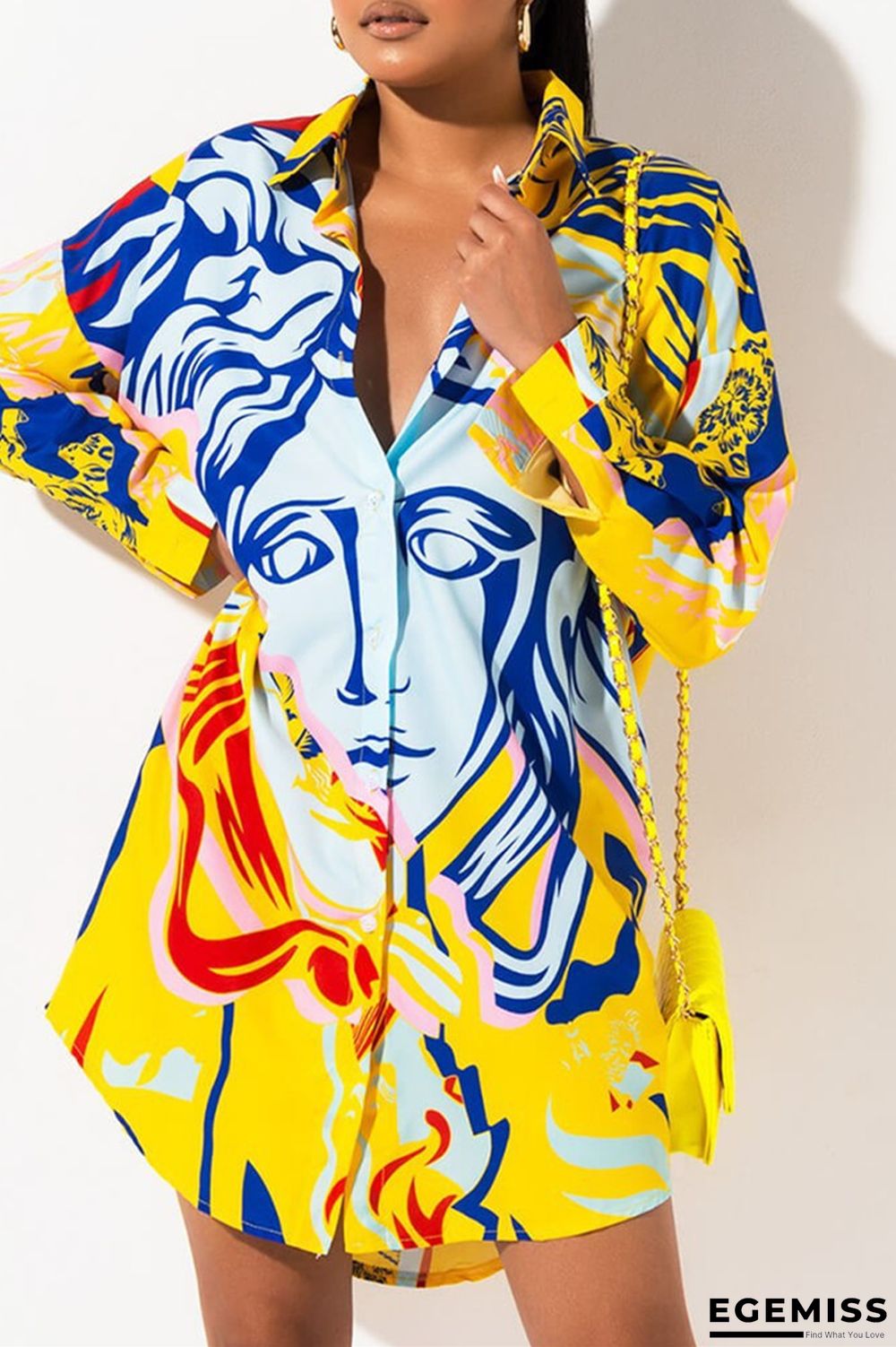 Yellow Fashion Casual Print Basic Turndown Collar Shirt Dress (Without Belt) | EGEMISS