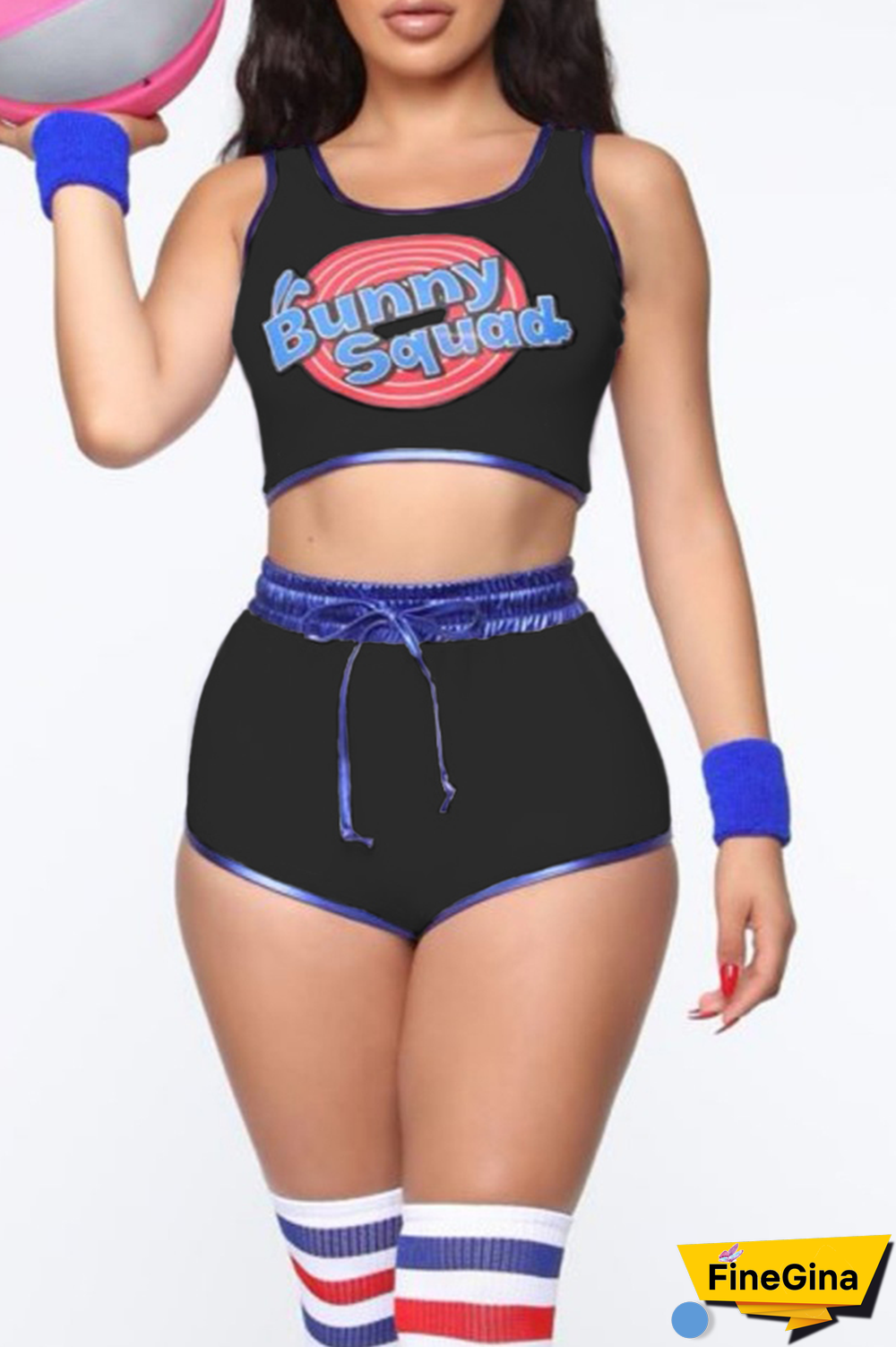 White Party Print Patchwork U Neck Sleeveless Two Pieces