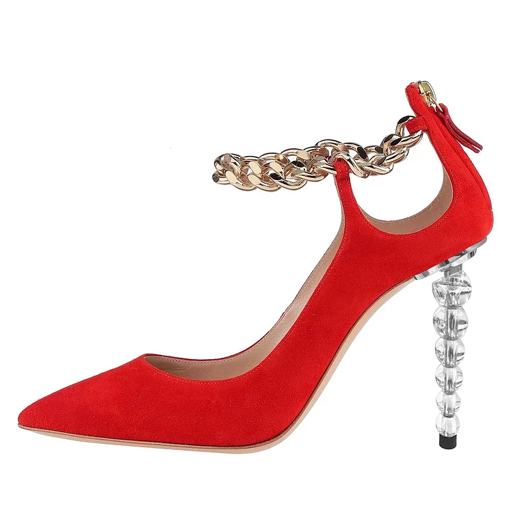 Suede Red Chain Ankle Strap Heels with Beads - Closed Toe Pumps Vdcoo