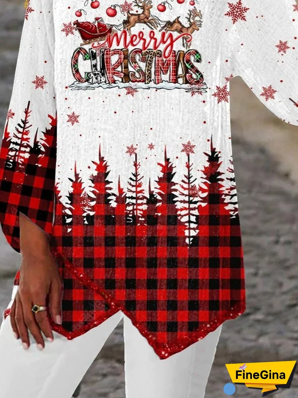 Women Asymmetrical 3/4 Sleeve Scoop Neck Printed Plaid Christmas Tops