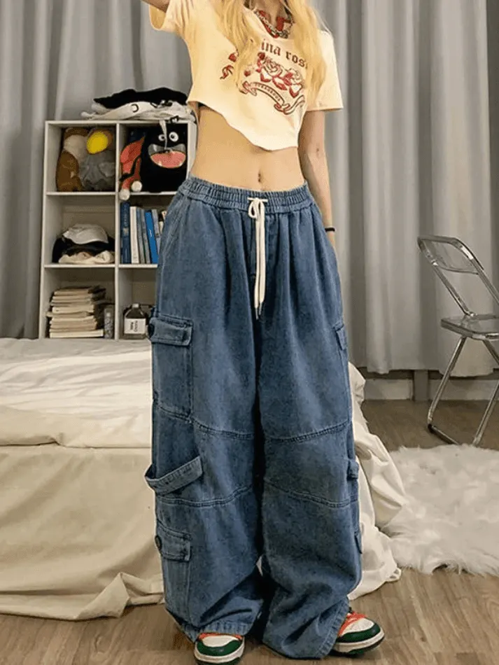 Brownm Punk Blue Wash Baggy Cargo Jeans