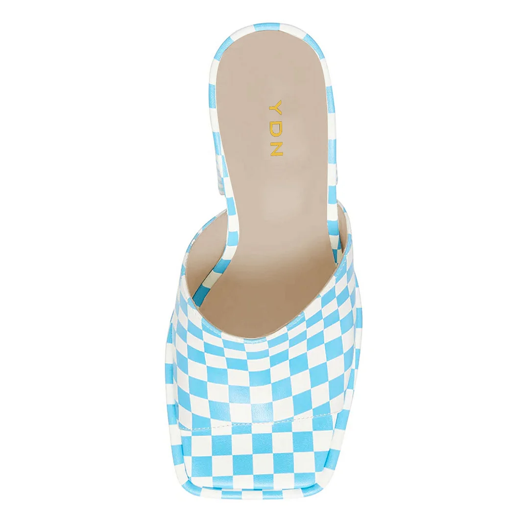 Blue & White Check Printed Square Toe Wide Band Platform Mules