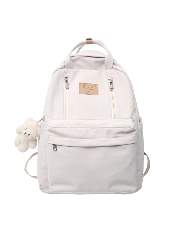 Preppy Backpack Bear Pendant Student Large Capacity School Girl Bookbags (White)