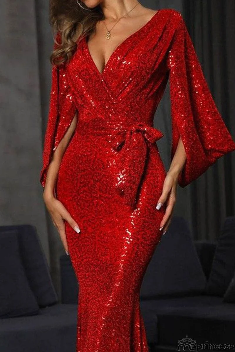 Elegant Solid Bandage Sequins Patchwork V Neck Evening Dress Dresses