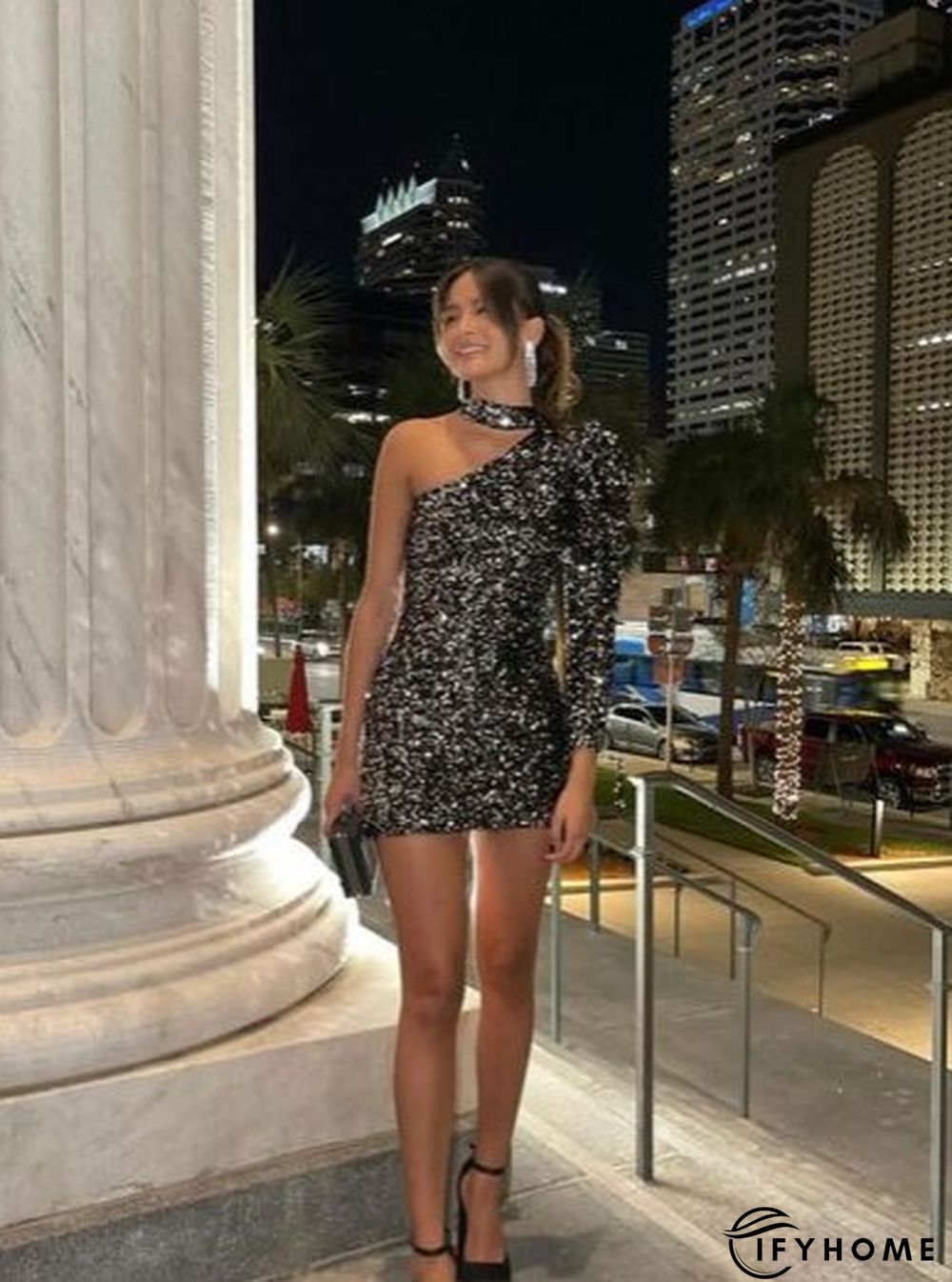 Women Beading Sequined Dress Asymmetrical Design One Shoulder Sleeve Mini Dresses | IFYHOME