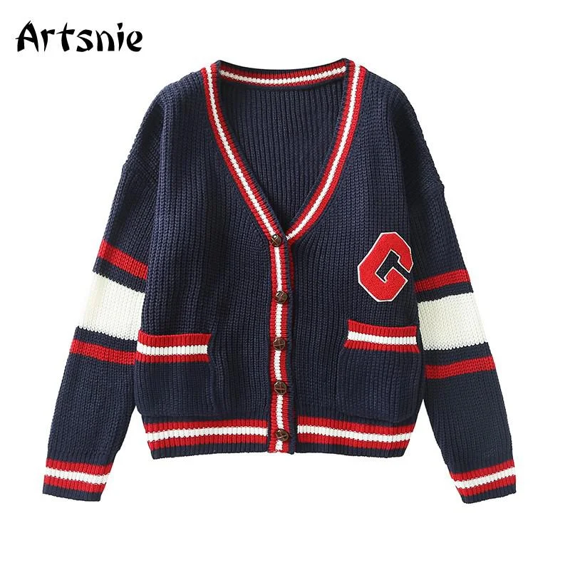 Artsnie Spring 2021 Striped Cardigans Women V Neck Long Sleeve Oversized Sweaters Pull Femme Single Breasted Cardigans Jumper
