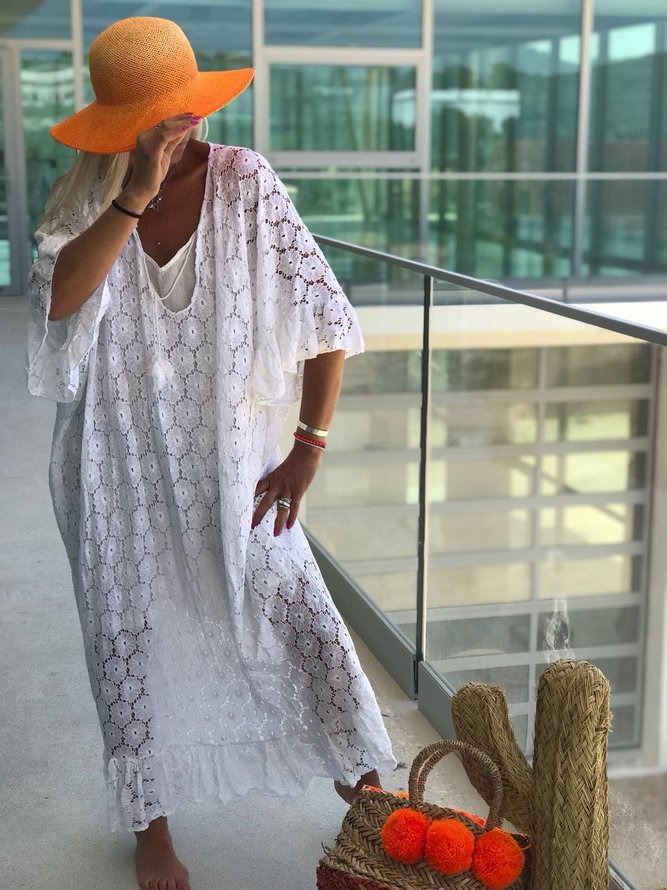Boho Guipure Lace Short Sleeve Floral Dresses Zaesvini