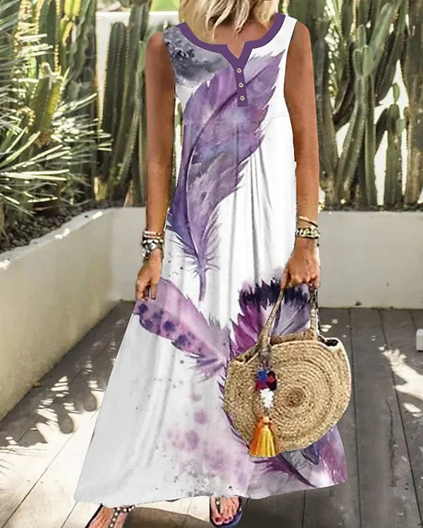 Casual Sleeveless Feather Print Button Long Dress