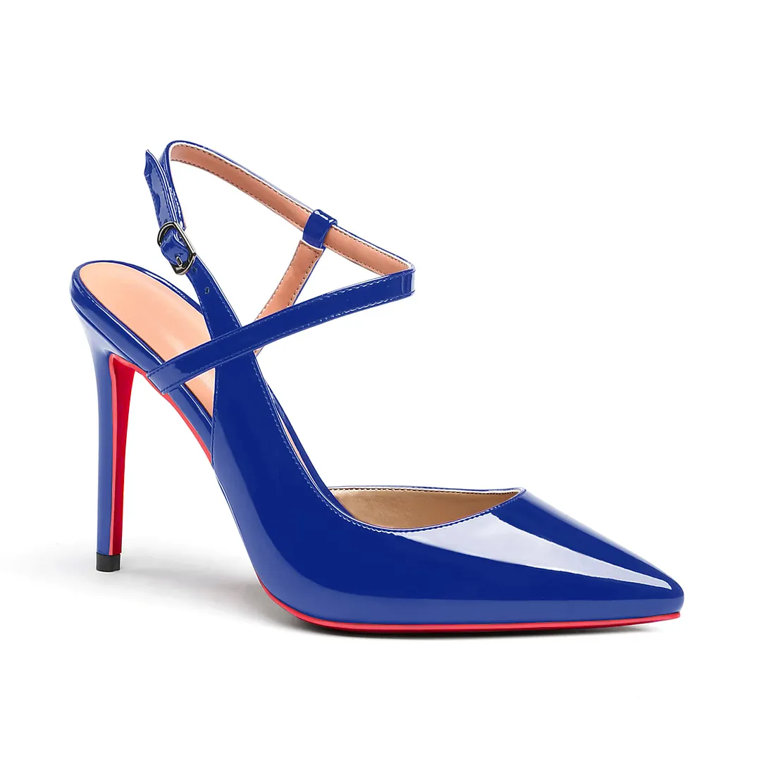 100mm Women Slingback Patent Pumps Ankle Strap Jenlove Stiletto Mid Heel Close Pointed Toe Dress Red Bottoms Shoes